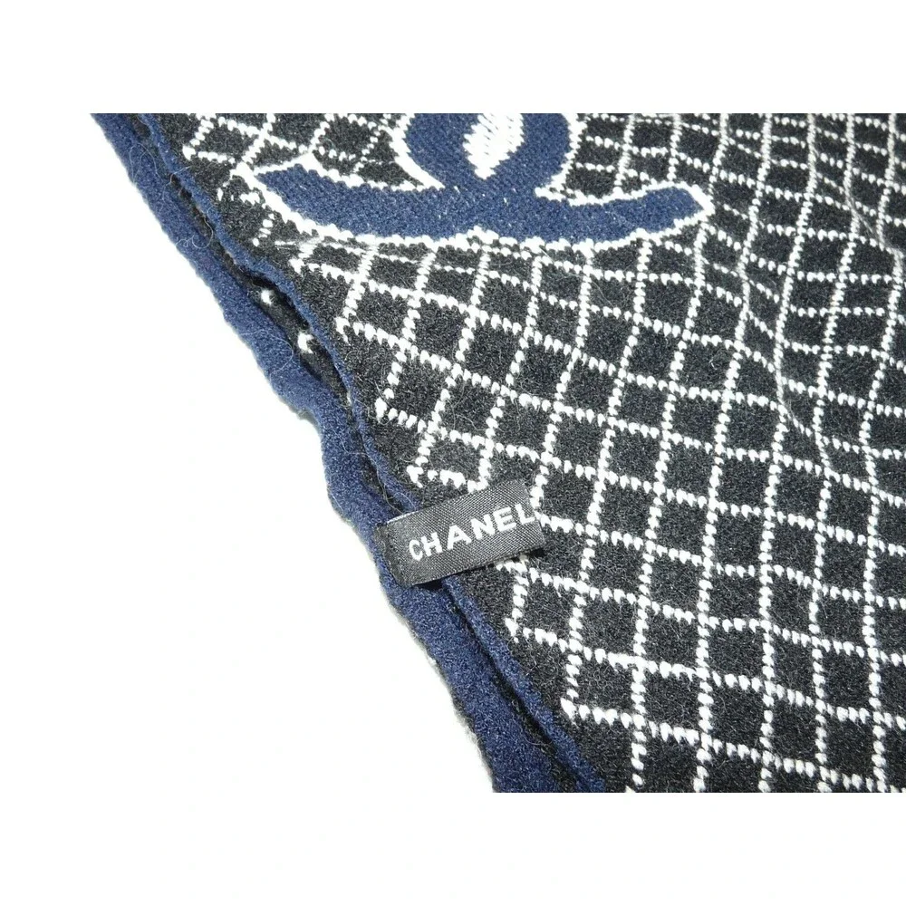 Chanel Cashmere & Silk Logo Allover Scarf Shawl Stole Blue Black White 60